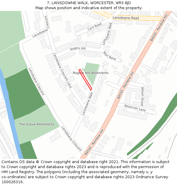 7, LANSDOWNE WALK, WORCESTER, WR3 8JD: Location map and indicative extent of plot