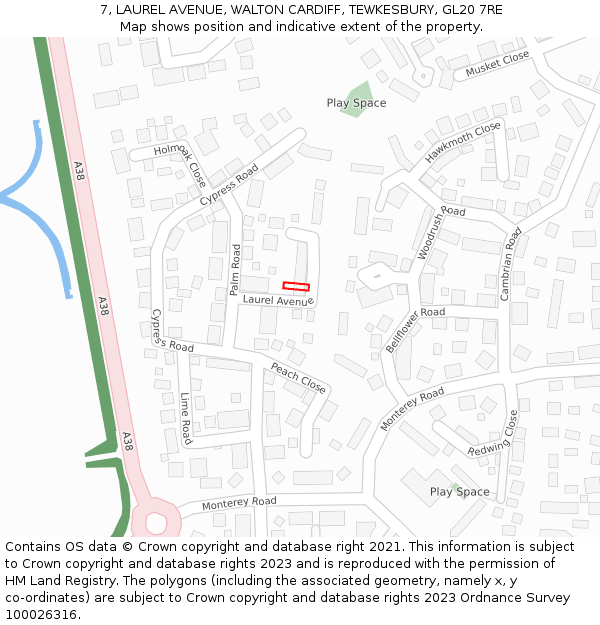 7, LAUREL AVENUE, WALTON CARDIFF, TEWKESBURY, GL20 7RE: Location map and indicative extent of plot