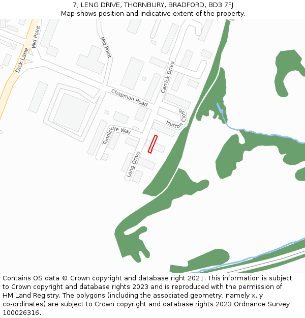 7, LENG DRIVE, THORNBURY, BRADFORD, BD3 7FJ: Location map and indicative extent of plot