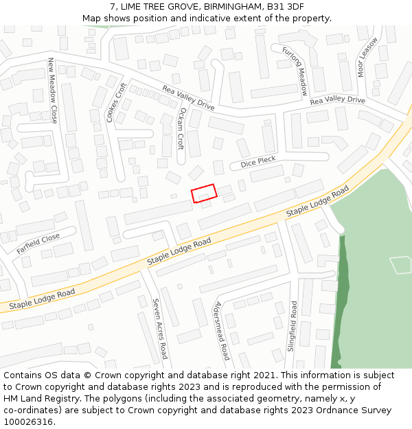 7, LIME TREE GROVE, BIRMINGHAM, B31 3DF: Location map and indicative extent of plot