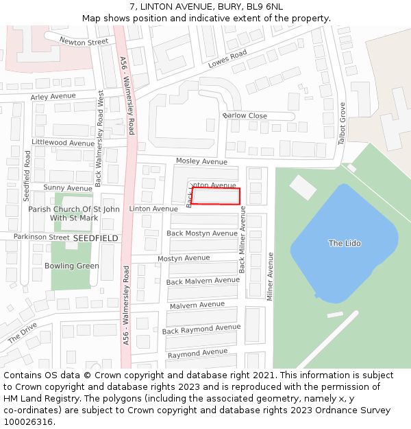 7, LINTON AVENUE, BURY, BL9 6NL: Location map and indicative extent of plot