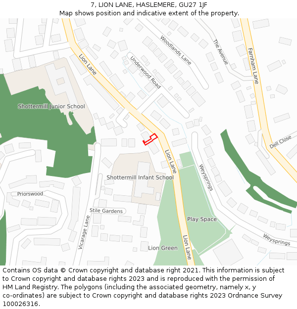 7, LION LANE, HASLEMERE, GU27 1JF: Location map and indicative extent of plot