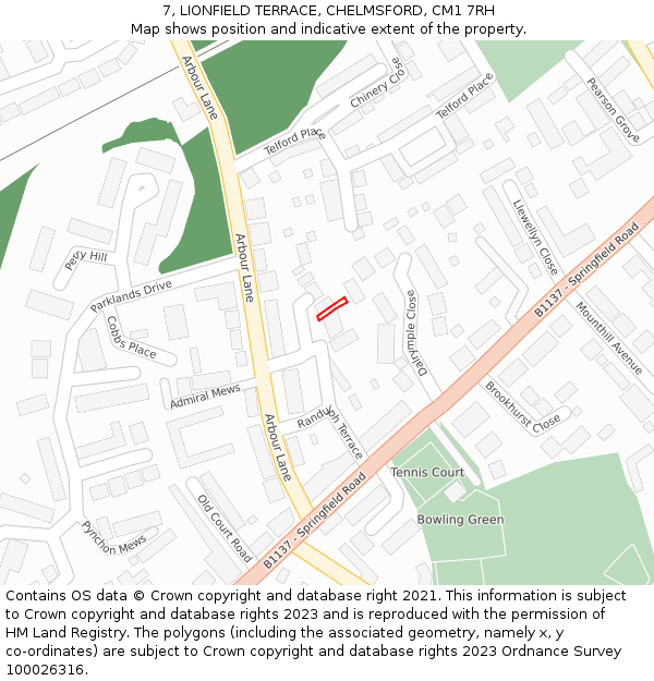 7, LIONFIELD TERRACE, CHELMSFORD, CM1 7RH: Location map and indicative extent of plot