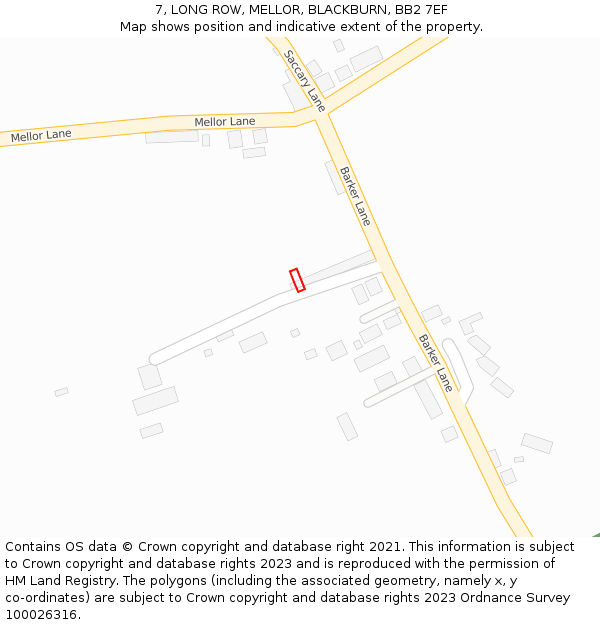 7, LONG ROW, MELLOR, BLACKBURN, BB2 7EF: Location map and indicative extent of plot