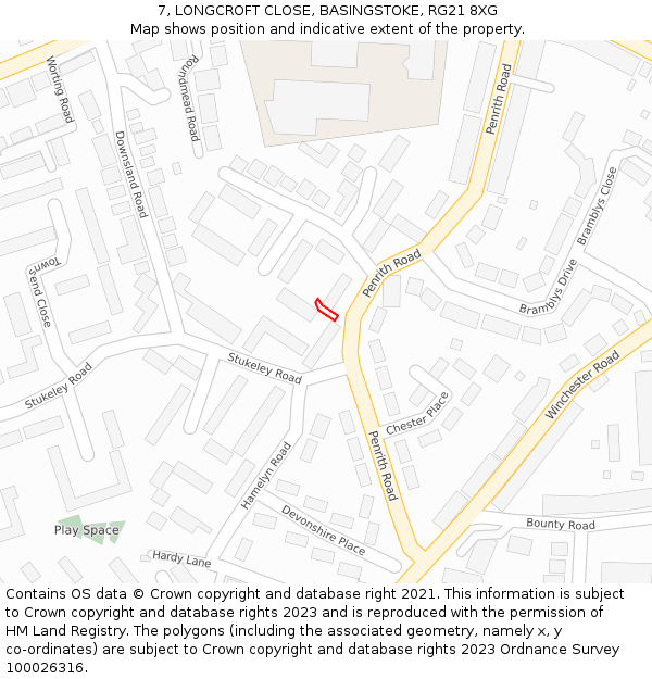 7, LONGCROFT CLOSE, BASINGSTOKE, RG21 8XG: Location map and indicative extent of plot
