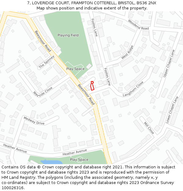 7, LOVERIDGE COURT, FRAMPTON COTTERELL, BRISTOL, BS36 2NX: Location map and indicative extent of plot
