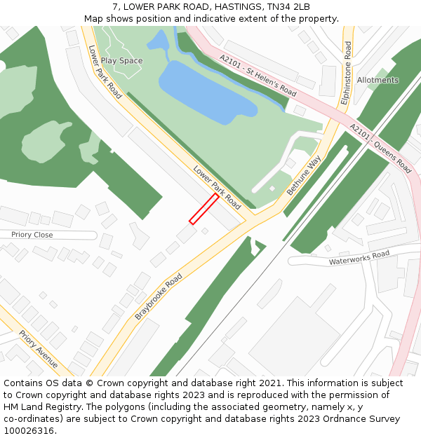 7, LOWER PARK ROAD, HASTINGS, TN34 2LB: Location map and indicative extent of plot