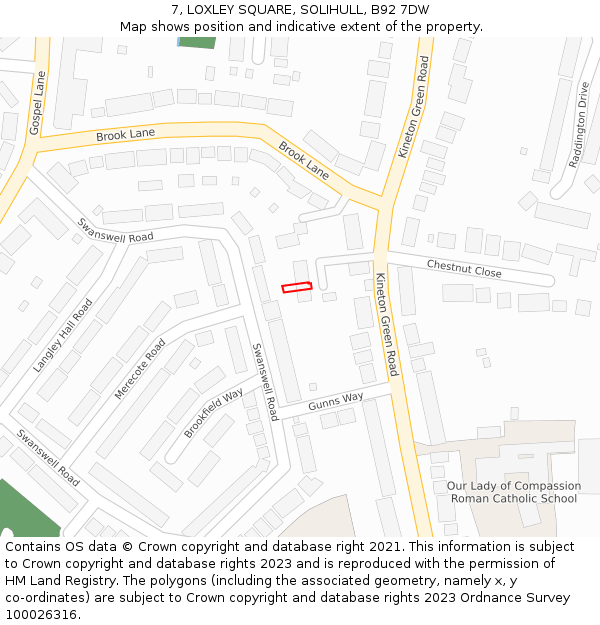 7, LOXLEY SQUARE, SOLIHULL, B92 7DW: Location map and indicative extent of plot