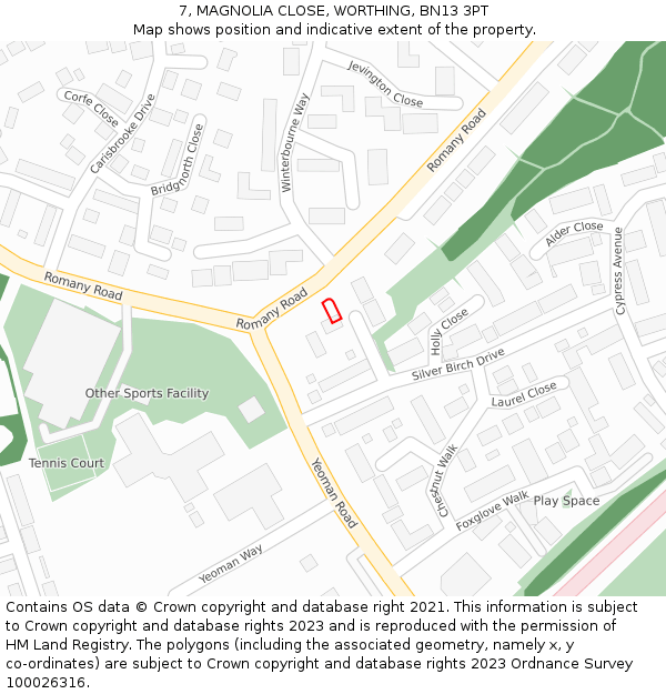 7, MAGNOLIA CLOSE, WORTHING, BN13 3PT: Location map and indicative extent of plot