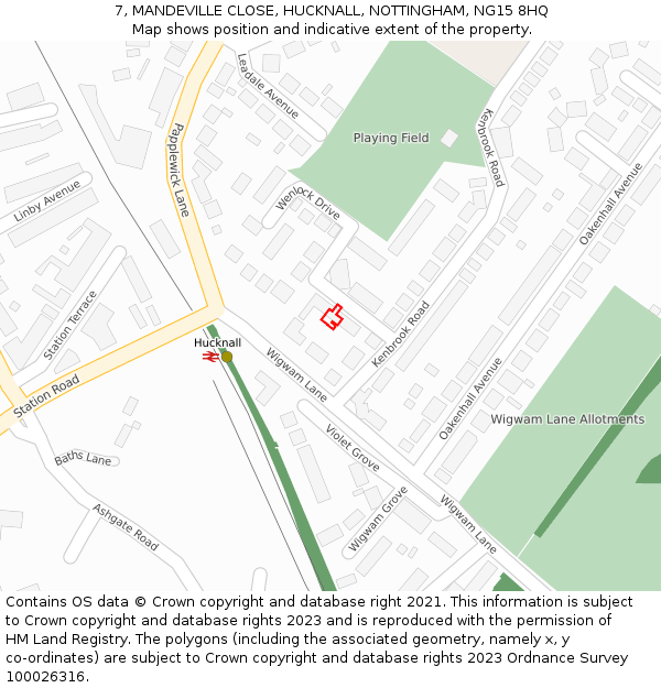 7, MANDEVILLE CLOSE, HUCKNALL, NOTTINGHAM, NG15 8HQ: Location map and indicative extent of plot