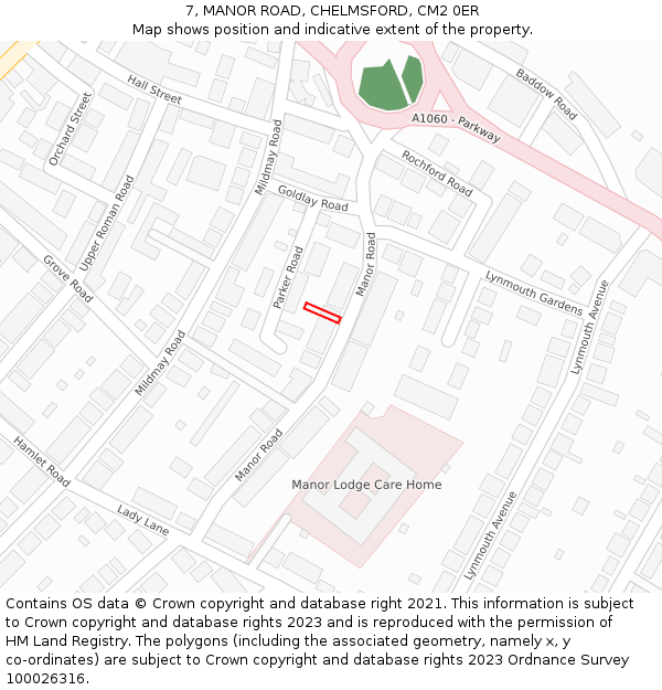 7, MANOR ROAD, CHELMSFORD, CM2 0ER: Location map and indicative extent of plot