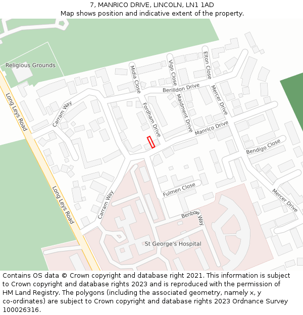 7, MANRICO DRIVE, LINCOLN, LN1 1AD: Location map and indicative extent of plot