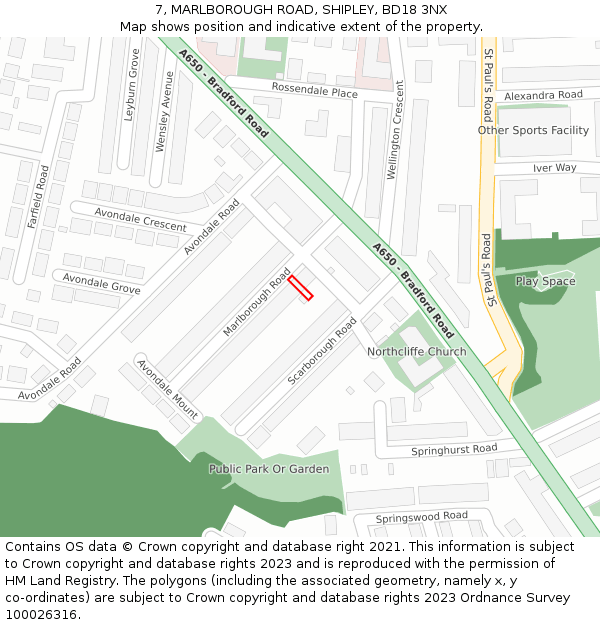 7, MARLBOROUGH ROAD, SHIPLEY, BD18 3NX: Location map and indicative extent of plot