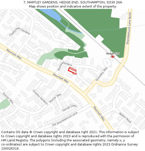7, MARTLEY GARDENS, HEDGE END, SOUTHAMPTON, SO30 2XA: Location map and indicative extent of plot
