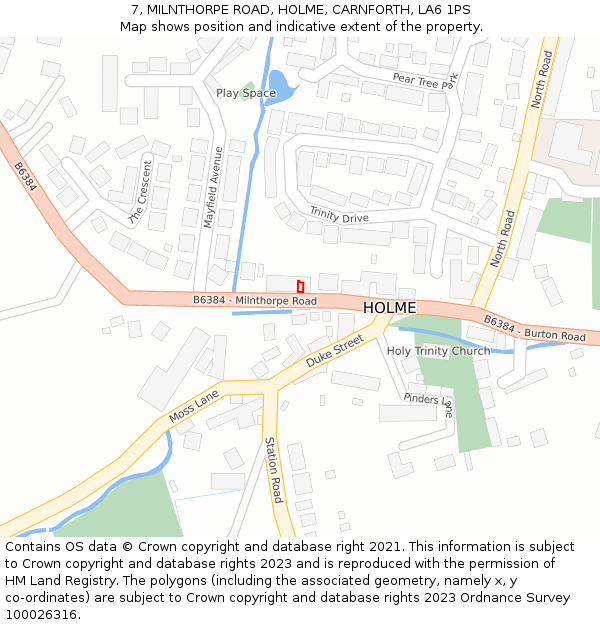 7, MILNTHORPE ROAD, HOLME, CARNFORTH, LA6 1PS: Location map and indicative extent of plot