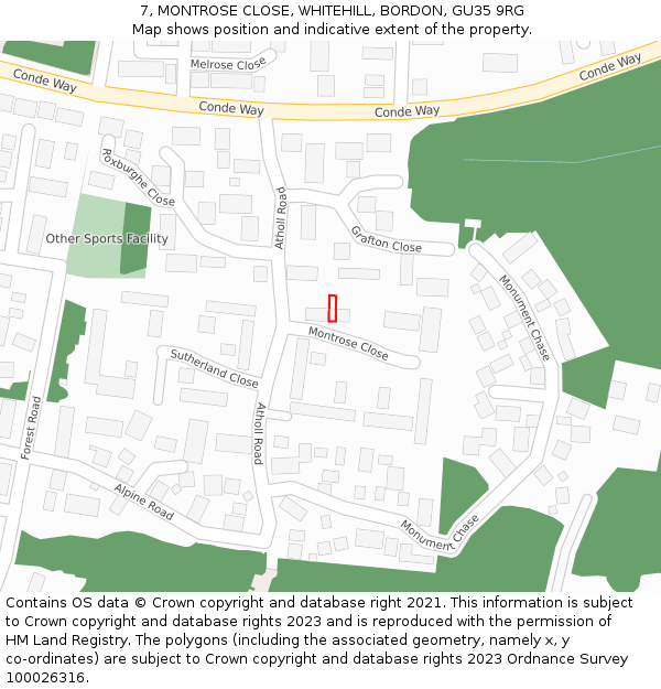 7, MONTROSE CLOSE, WHITEHILL, BORDON, GU35 9RG: Location map and indicative extent of plot