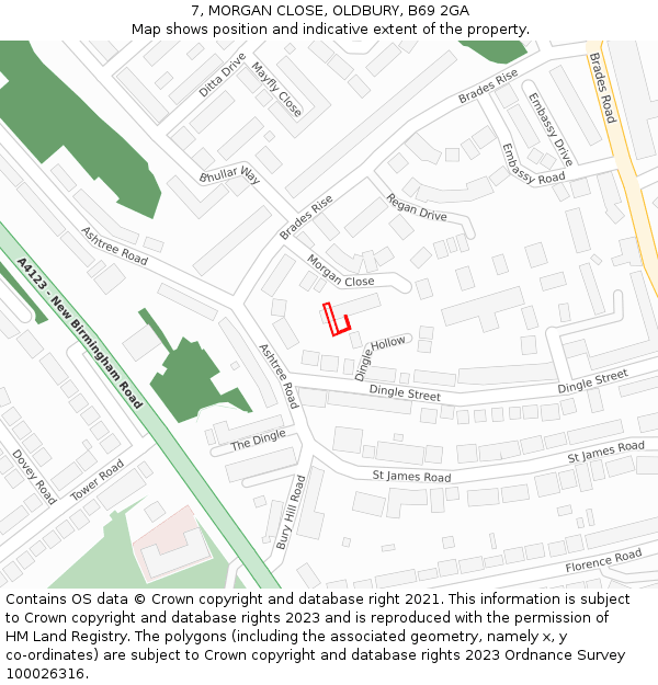 7, MORGAN CLOSE, OLDBURY, B69 2GA: Location map and indicative extent of plot