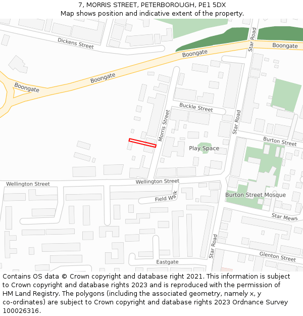 7, MORRIS STREET, PETERBOROUGH, PE1 5DX: Location map and indicative extent of plot