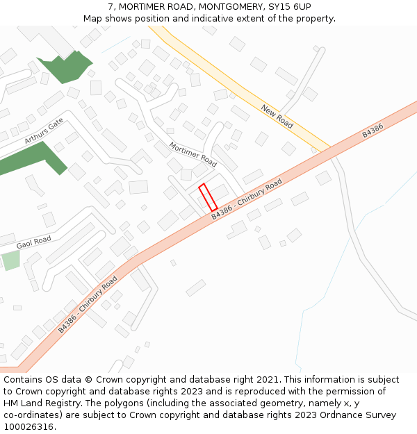 7, MORTIMER ROAD, MONTGOMERY, SY15 6UP: Location map and indicative extent of plot