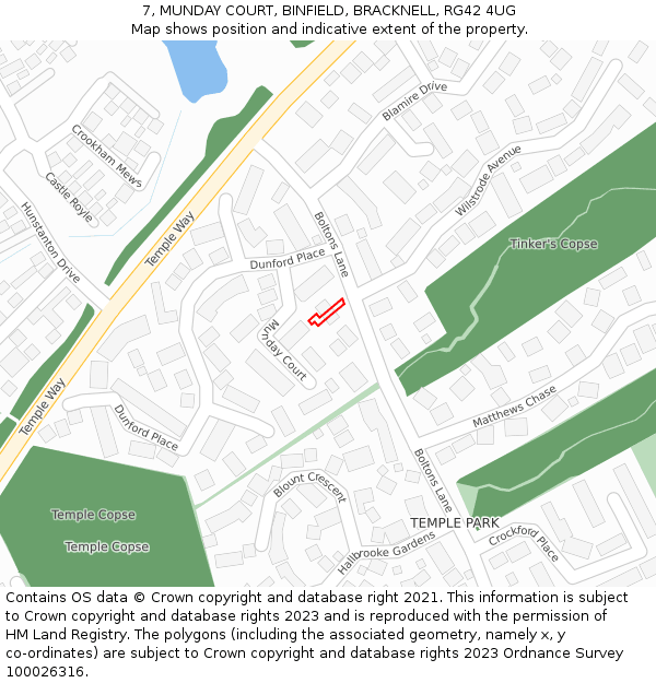 7, MUNDAY COURT, BINFIELD, BRACKNELL, RG42 4UG: Location map and indicative extent of plot