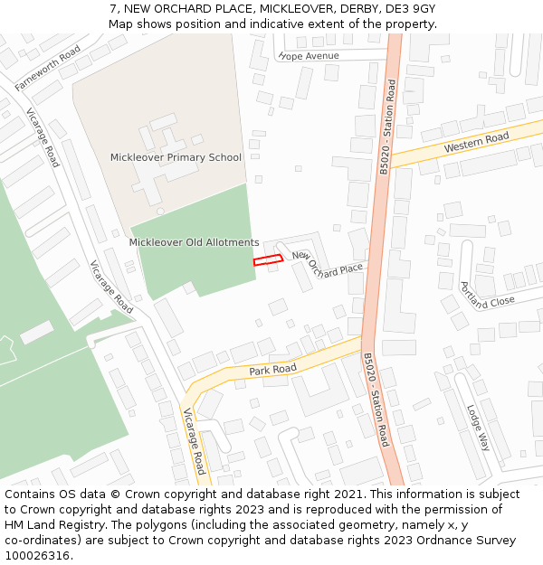 7, NEW ORCHARD PLACE, MICKLEOVER, DERBY, DE3 9GY: Location map and indicative extent of plot