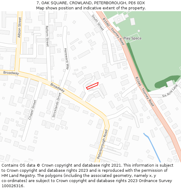 7, OAK SQUARE, CROWLAND, PETERBOROUGH, PE6 0DX: Location map and indicative extent of plot