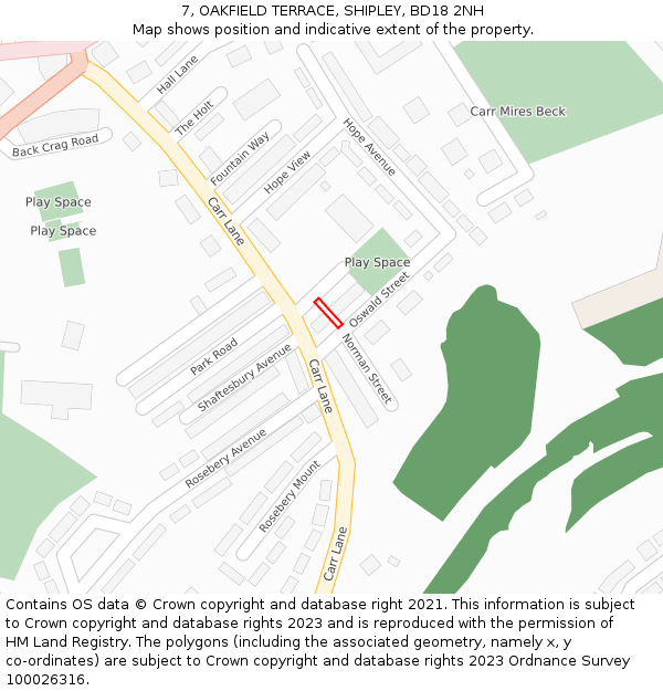 7, OAKFIELD TERRACE, SHIPLEY, BD18 2NH: Location map and indicative extent of plot
