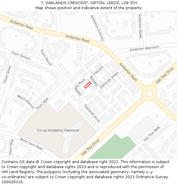 7, OAKLANDS CRESCENT, GIPTON, LEEDS, LS8 3TH: Location map and indicative extent of plot
