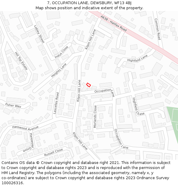 7, OCCUPATION LANE, DEWSBURY, WF13 4BJ: Location map and indicative extent of plot