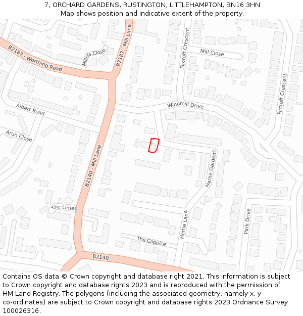 7, ORCHARD GARDENS, RUSTINGTON, LITTLEHAMPTON, BN16 3HN: Location map and indicative extent of plot