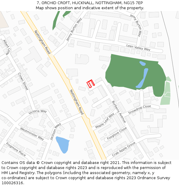 7, ORCHID CROFT, HUCKNALL, NOTTINGHAM, NG15 7EP: Location map and indicative extent of plot