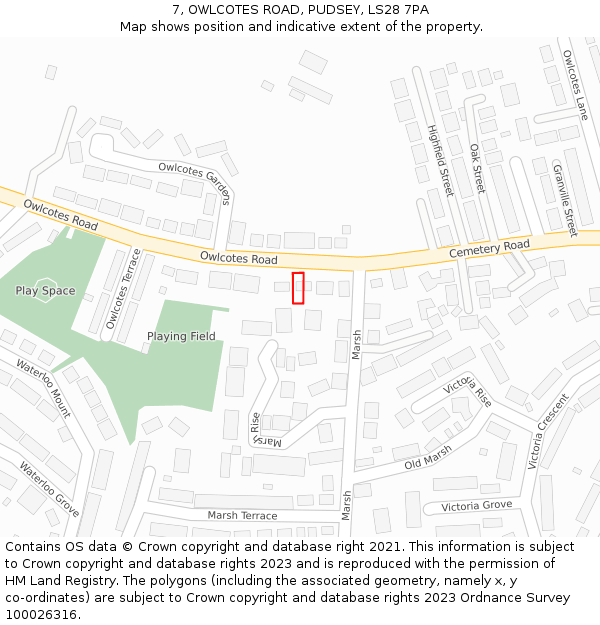 7, OWLCOTES ROAD, PUDSEY, LS28 7PA: Location map and indicative extent of plot