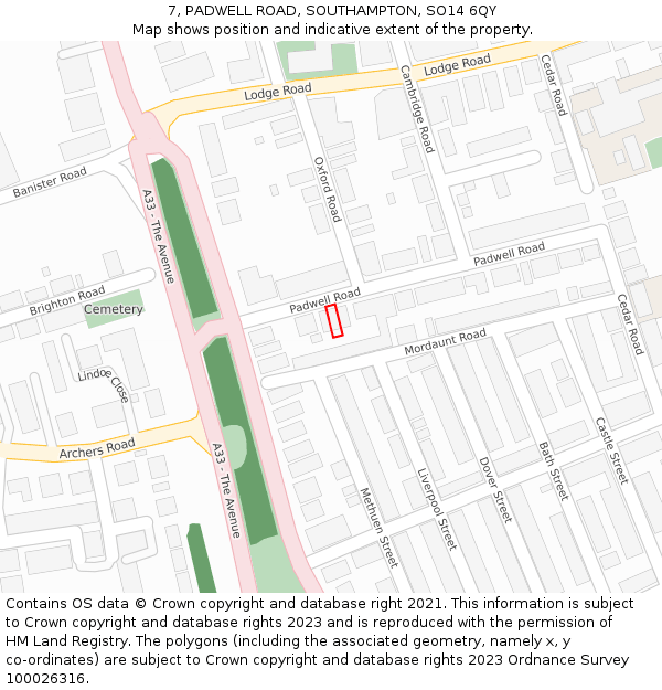 7, PADWELL ROAD, SOUTHAMPTON, SO14 6QY: Location map and indicative extent of plot