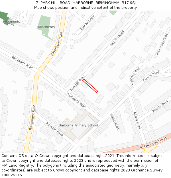 7, PARK HILL ROAD, HARBORNE, BIRMINGHAM, B17 9SJ: Location map and indicative extent of plot