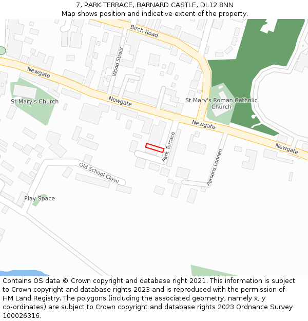7, PARK TERRACE, BARNARD CASTLE, DL12 8NN: Location map and indicative extent of plot