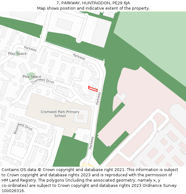 7, PARKWAY, HUNTINGDON, PE29 6JA: Location map and indicative extent of plot