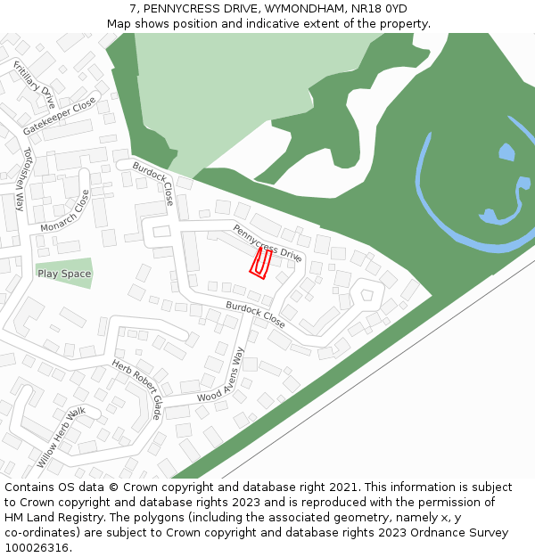 7, PENNYCRESS DRIVE, WYMONDHAM, NR18 0YD: Location map and indicative extent of plot