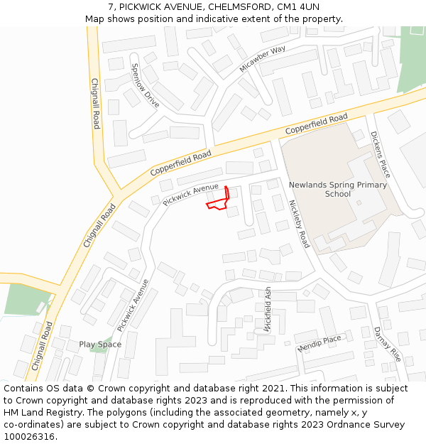 7, PICKWICK AVENUE, CHELMSFORD, CM1 4UN: Location map and indicative extent of plot