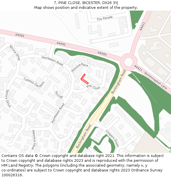 7, PINE CLOSE, BICESTER, OX26 3YJ: Location map and indicative extent of plot