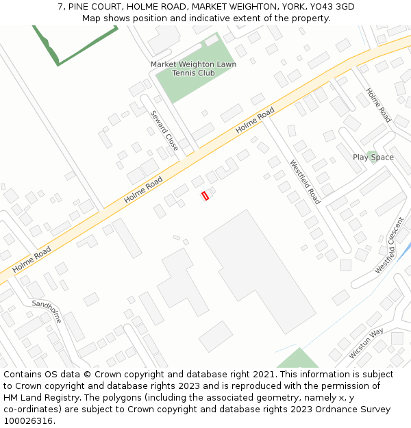 7, PINE COURT, HOLME ROAD, MARKET WEIGHTON, YORK, YO43 3GD: Location map and indicative extent of plot