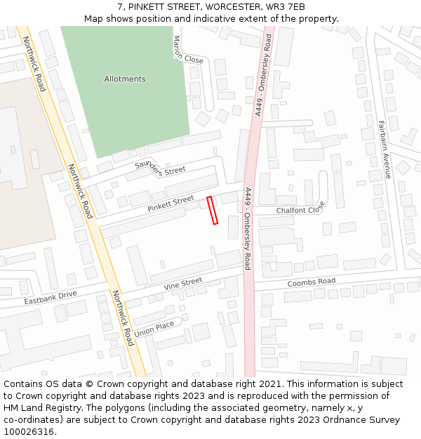 7, PINKETT STREET, WORCESTER, WR3 7EB: Location map and indicative extent of plot