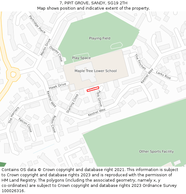 7, PIPIT GROVE, SANDY, SG19 2TH: Location map and indicative extent of plot