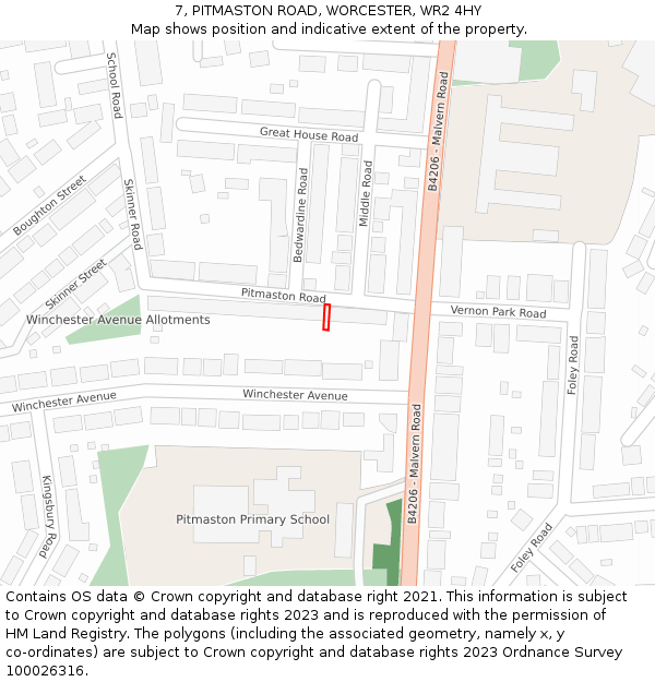 7, PITMASTON ROAD, WORCESTER, WR2 4HY: Location map and indicative extent of plot