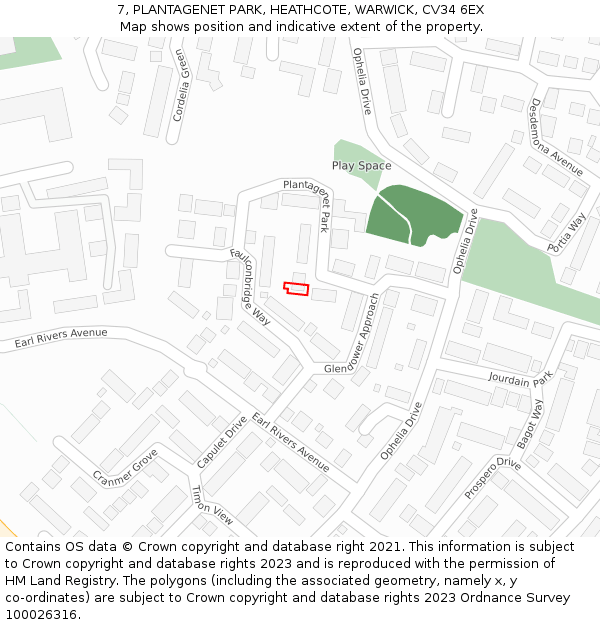 7, PLANTAGENET PARK, HEATHCOTE, WARWICK, CV34 6EX: Location map and indicative extent of plot