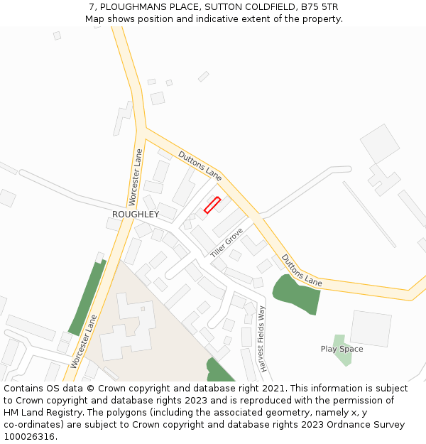 7, PLOUGHMANS PLACE, SUTTON COLDFIELD, B75 5TR: Location map and indicative extent of plot