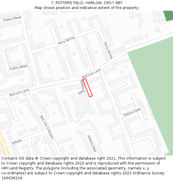 7, POTTERS FIELD, HARLOW, CM17 9BY: Location map and indicative extent of plot