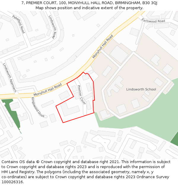 7, PREMIER COURT, 100, MONYHULL HALL ROAD, BIRMINGHAM, B30 3QJ: Location map and indicative extent of plot
