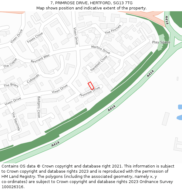 7, PRIMROSE DRIVE, HERTFORD, SG13 7TG: Location map and indicative extent of plot