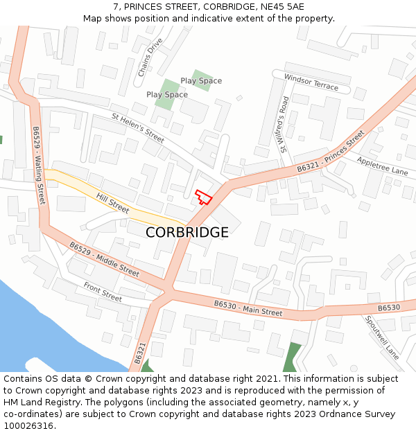 7, PRINCES STREET, CORBRIDGE, NE45 5AE: Location map and indicative extent of plot