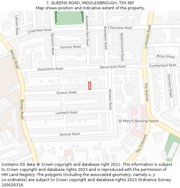 7, QUEENS ROAD, MIDDLESBROUGH, TS5 6EF: Location map and indicative extent of plot